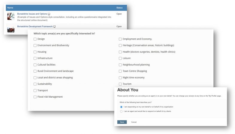 Application screen shots showing the options a consultee has to declare topics they are interested in