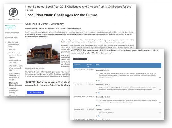 Application screen shots showing comments captured against sections of an online local plan document