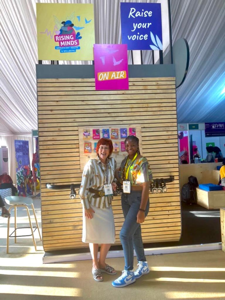 Flavia Bustreo with Condolizzarice Akumawa at the Rising Minds radio station at Women Deliver 2023. 