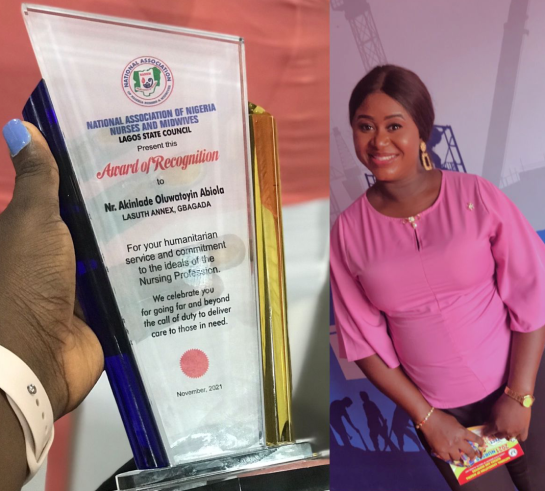 Midwife Oluwatoyin Akinlade receives award of recognition for her humanitarian aid. 
